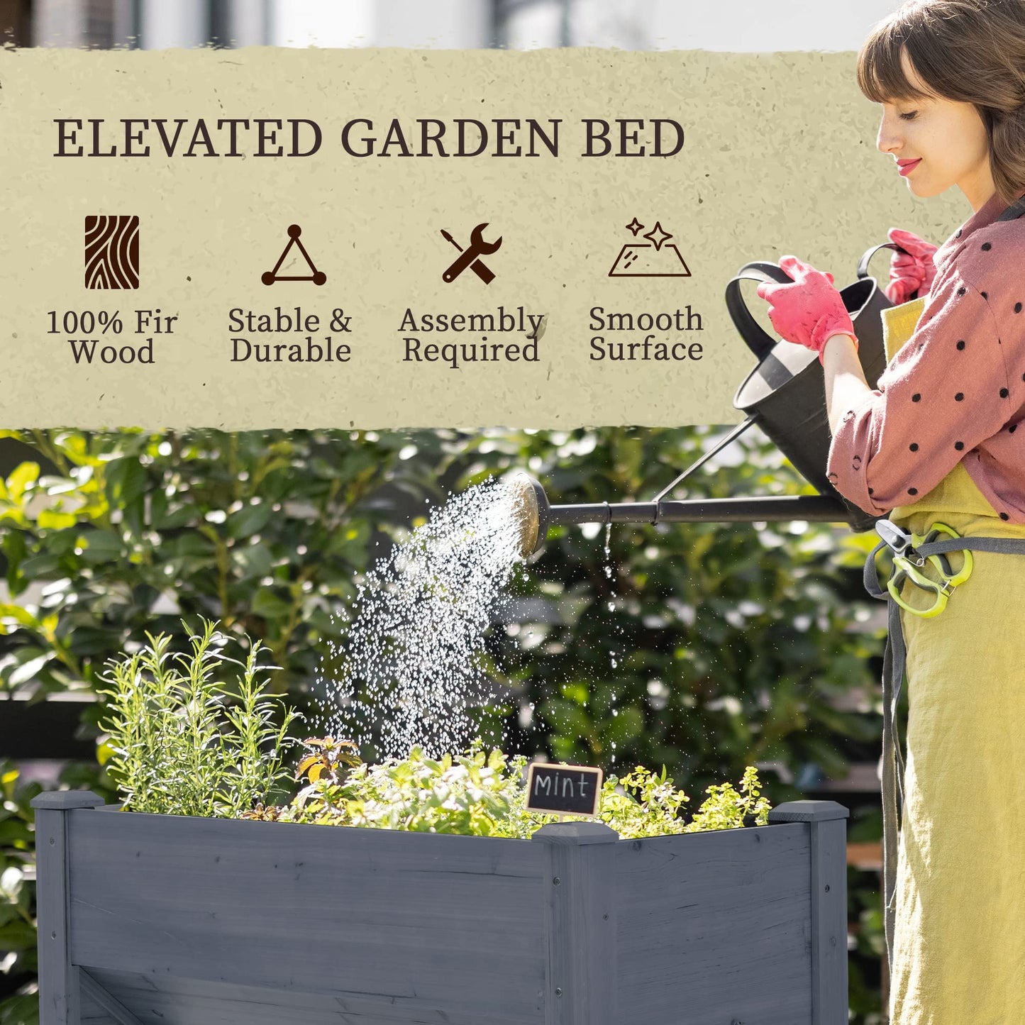 Outsunny 48" Raised Garden Bed with Hooks, 660lb Capacity Wood Elevated Planter Box with Water Draining and Liner, Funnel Design for Backyard Patio to Grow Vegetables, Herbs, Flowers, Gray - WoodArtSupply