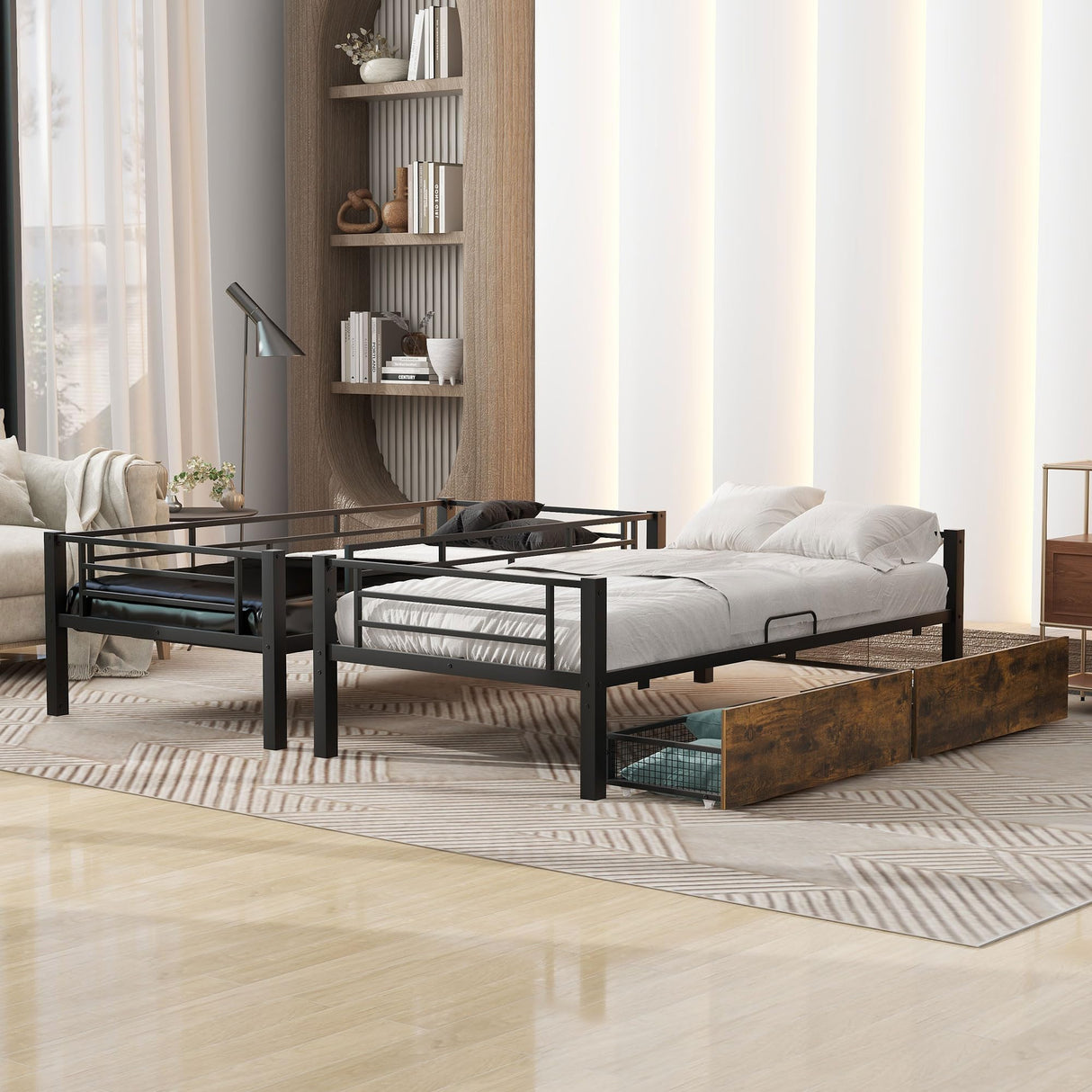 LUKEEHOM Metal Bunk Bed Twin Over Twin Convertible Twin Bunk Beds into 2 Individual Twin Size Bed with 2 Storage Drawers, No Box Spring Needed, Black LUKEEHOM