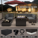 Vakollia 8 Pieces Patio Furniture Set with 44" Propane Gas Fire Pit Table, Outdoor Sectional Brown Rattan Wicker Conversation Sofa Sets with Coffee Table Vakollia