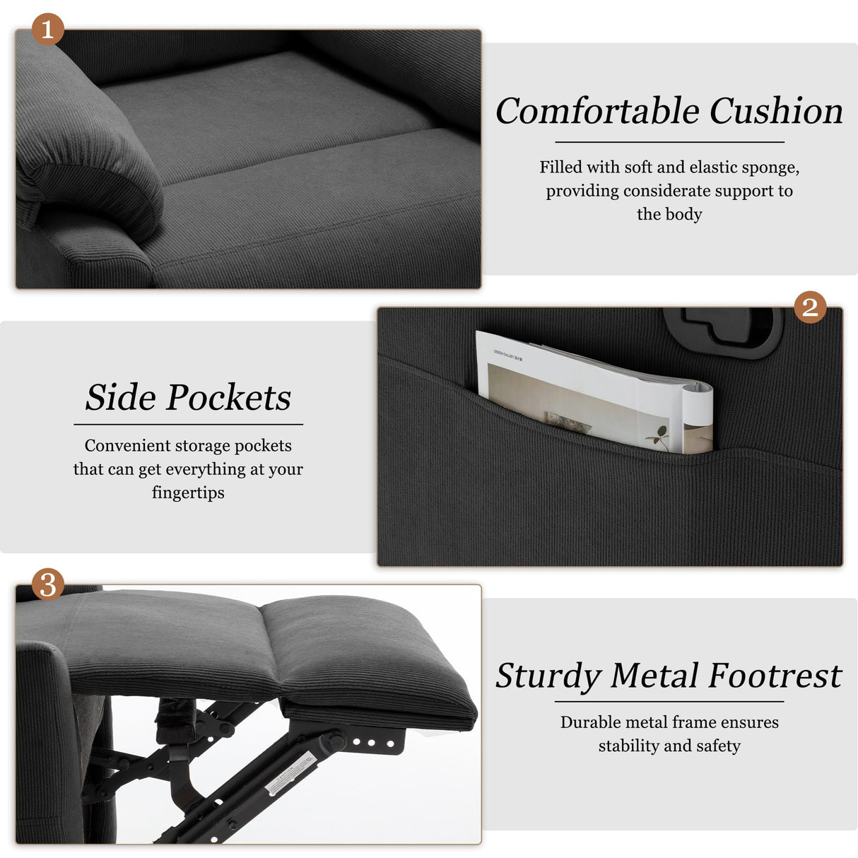 Recliner Chair for Adults, Small Recliner Chair for Small Spaces, Upholstered Corduroy Manual Recliner with Side Pockets, Reclining Chair for Living Room, Nursery, Black Korser