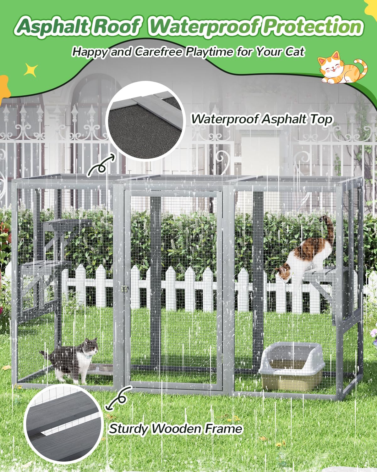 Catio Outdoor Cat Enclosure,71" L Outside Cat House Weatherproof, Wooden Catios for Cats Patio, Cat Houses with 3 Platforms (Grey, Large) Nyeekoy