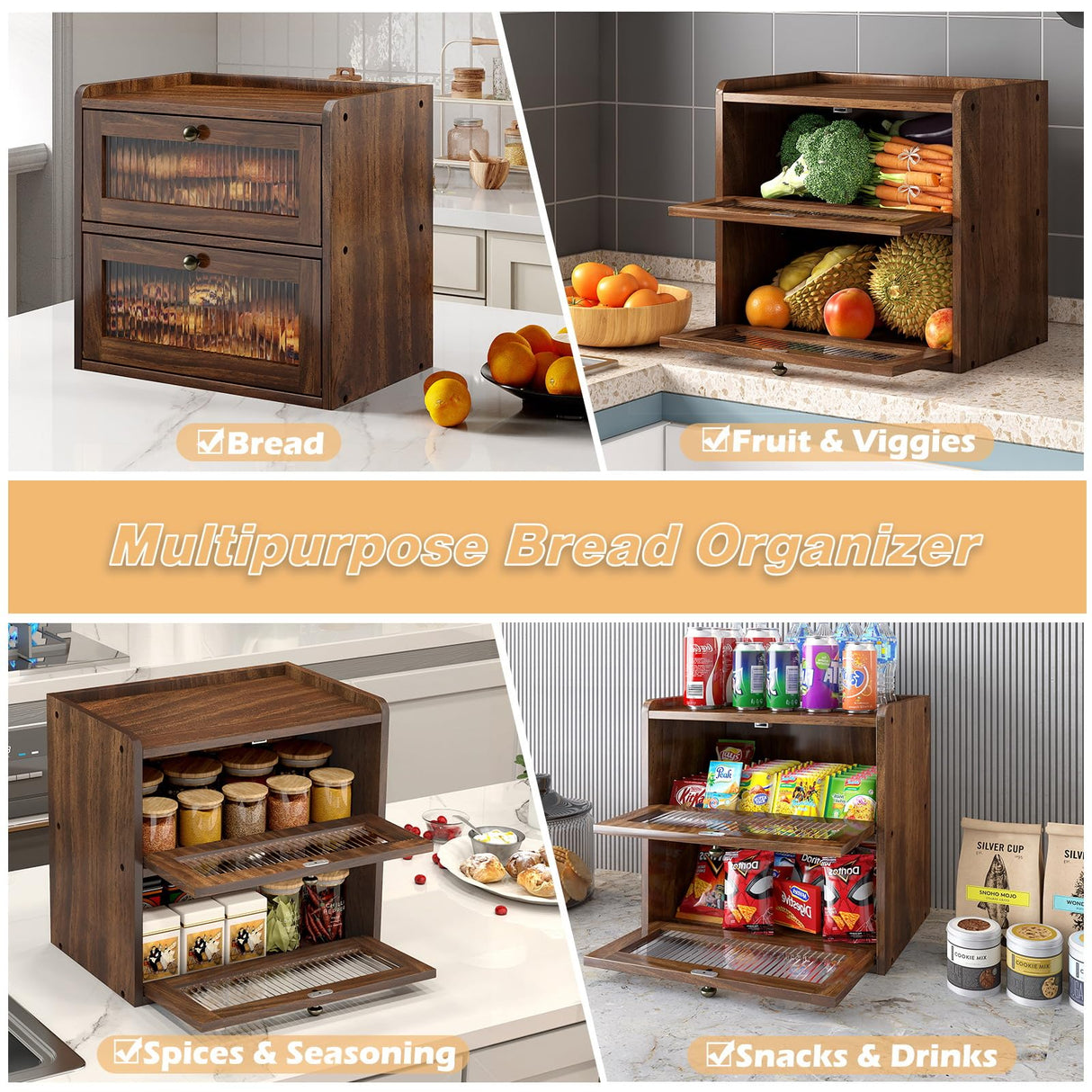 Alpeir Double Layer Large Bread Box for Kitchen Counter, Wooden Corner Bread Storage Container with Acrylic Window, Retro Brown Alpeir