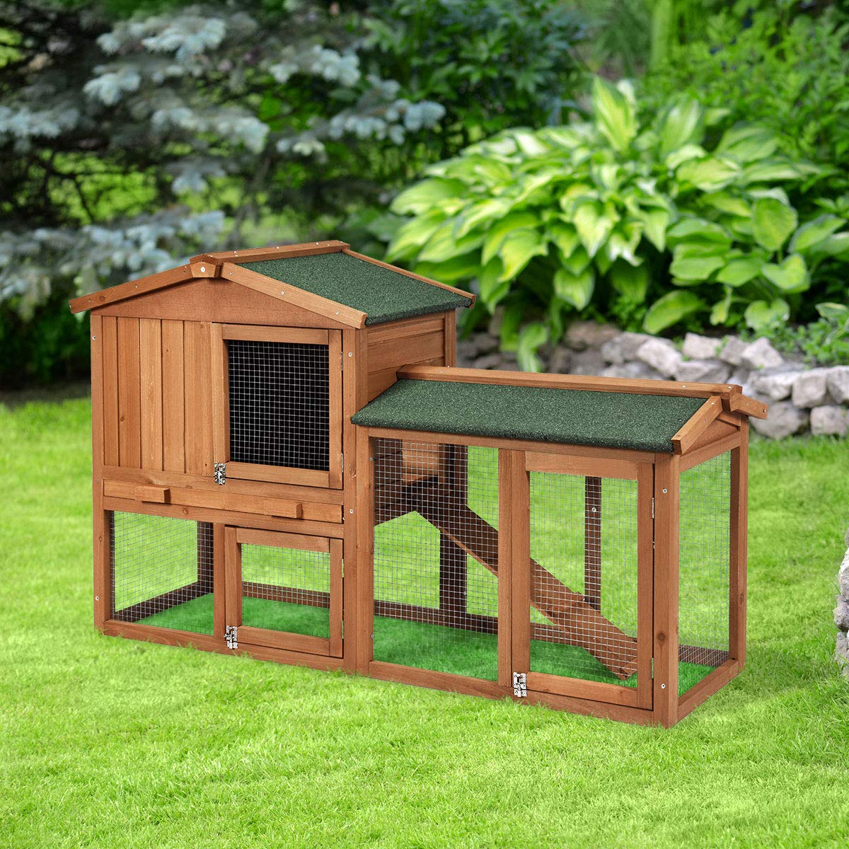 Tangkula Rabbit Hutch Indoor and Outdoor, 58-Inch Bunny Cage with Removable Tray & Ramp, Wood Chicken Coop with Waterproof Roof for Rabbits, Chicken and Guinea Pigs