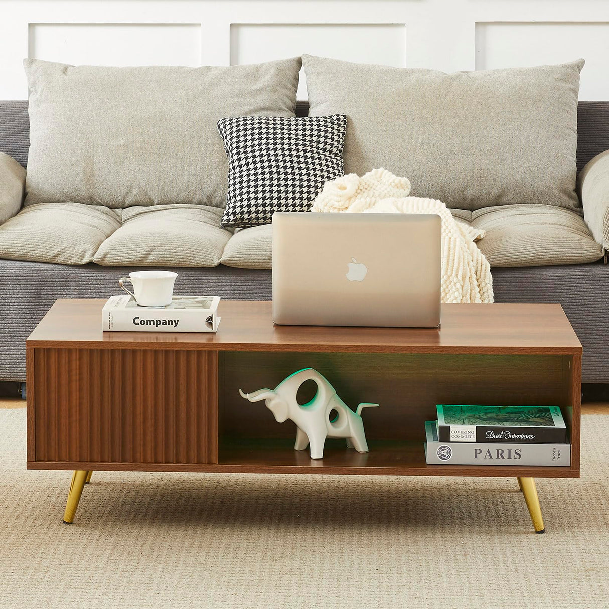 COSVALVE 41.3IN LED Walnut Coffee Tables for Living Room with 16 Colors LED Lights, Modern Minimalist Coffee Table with Fluted Panel, Rectangle Center Table Game Table COSVALVE