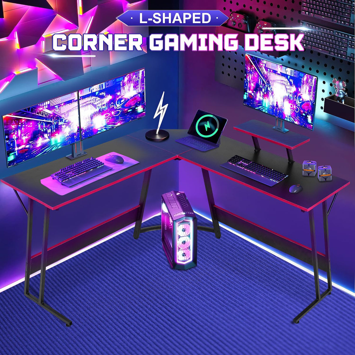 NChanmar L Shaped Gaming Desk, Computer Corner Desk with Monitor Riser Stand, Home Office Desk Corner Desk for Studying, Working, L Desk with Large Desktop, Black NChanmar