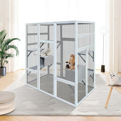 Ball & Cast Outdoor Cat House Big Catio Wooden Cat Shelter Enclosure with Large Spacious Interior,High Ledges,Weather Protection Asphalt Roof,for Walk-in Kitty Kennel,White