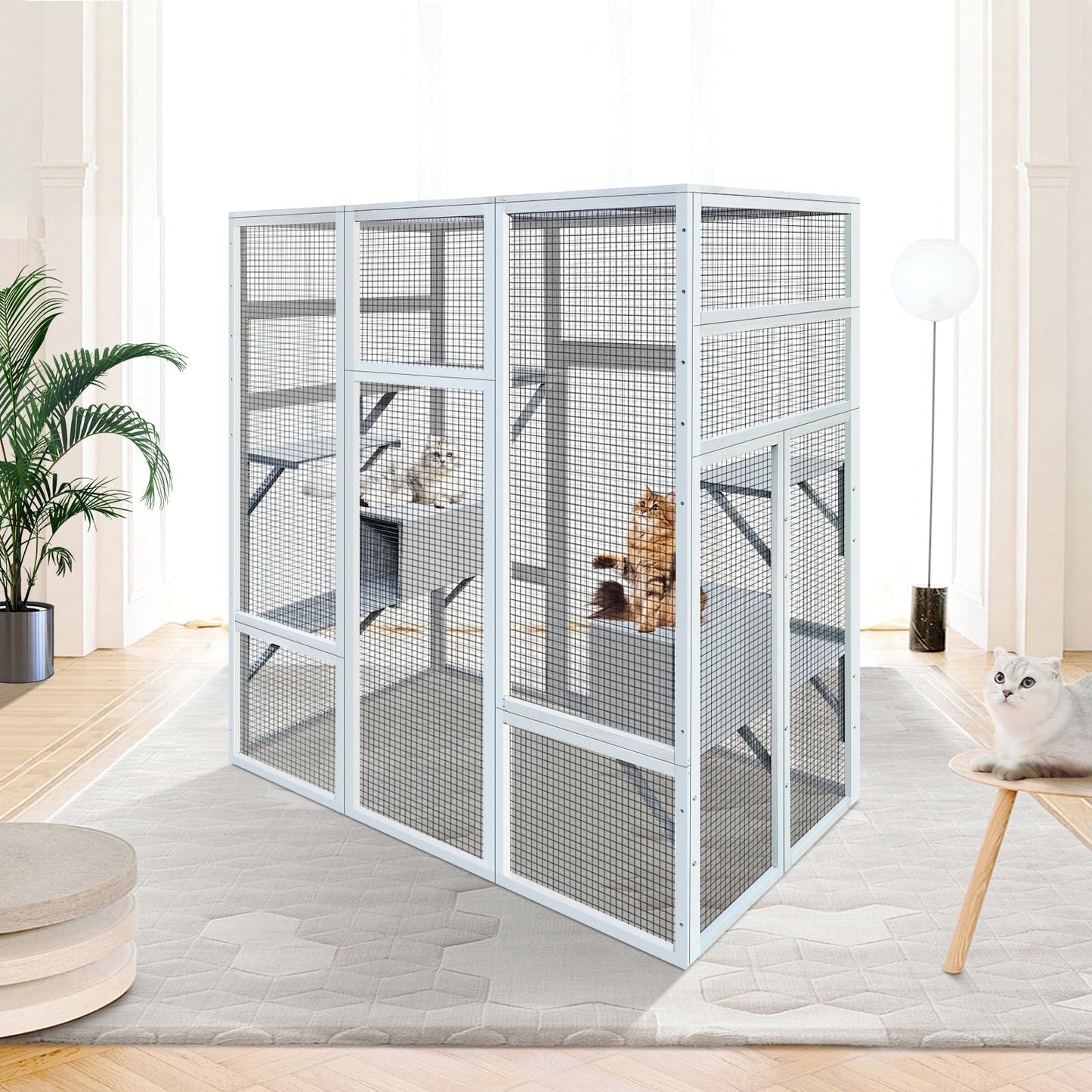 62.6" L x 32.3" W x 70.1" H Outdoor Wooden Cat House Large Catio, Solid Wood Cat Cage Shelter Enclosure Playpen with Anti-UV& Waterproof, 7 Platforms and 2 Resting Boxes - WoodArtSupply