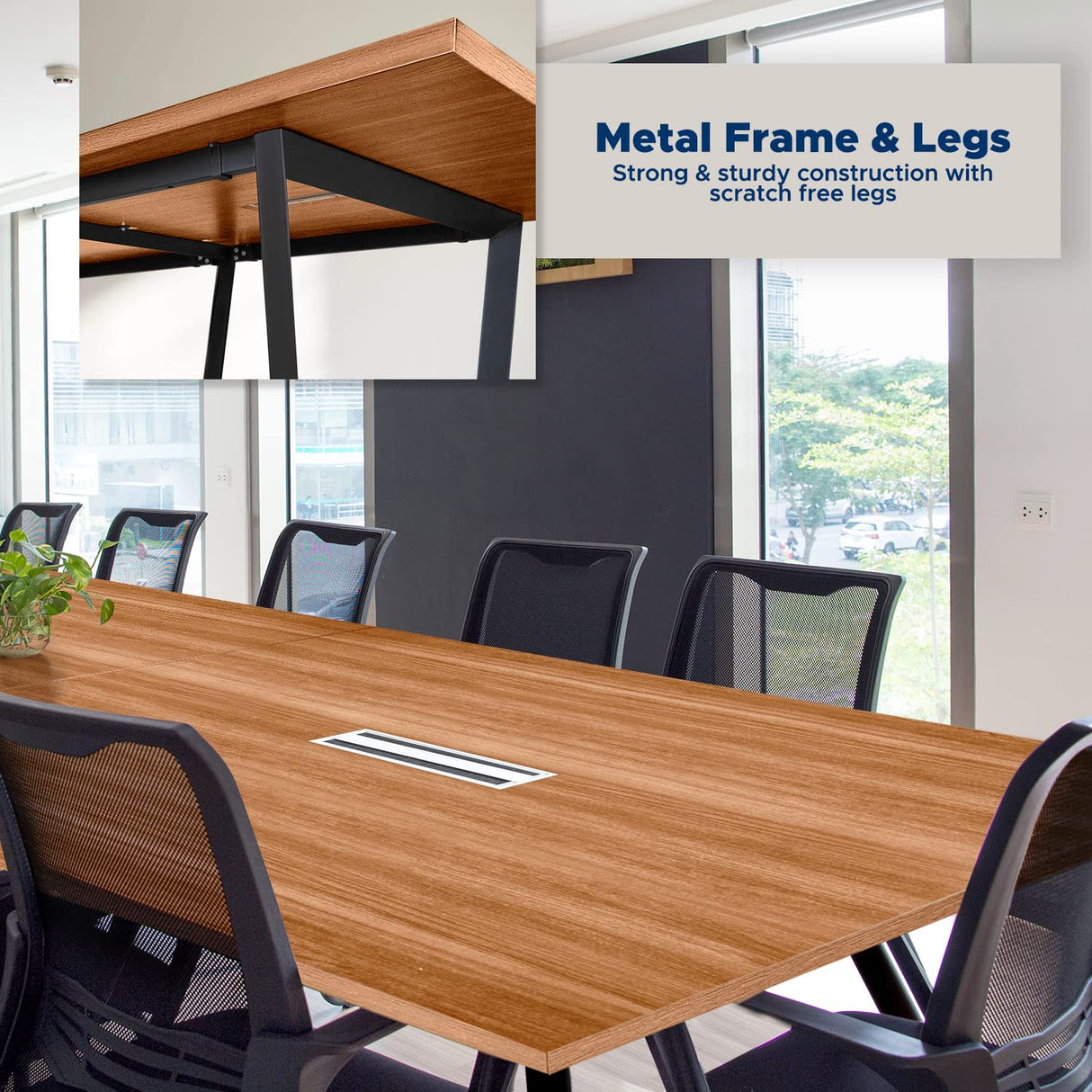 ahliss Sturdy Conference Table with Cable Management Grommets Modern Rectangle Office Meeting Table with Wood Tabletop and Metal Frame & Legs- Easy Assembly Boardroom Table (Natural, 10 Foot) ahliss