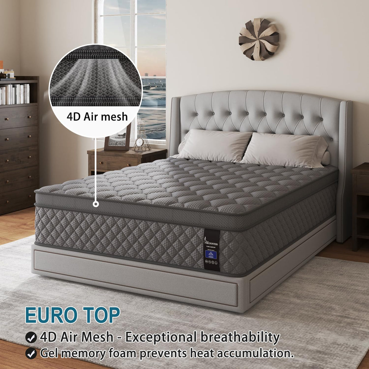 VISCOUNTESS Queen Mattress, 14 Inch Hybrid Mattresses Grey Euro Top Medium Firm for Back & Lumbar Support, 100 Night Trial, Individual Pocket Spring Bed for Motion Isolation & Pressure Relief VISCOUNTESS