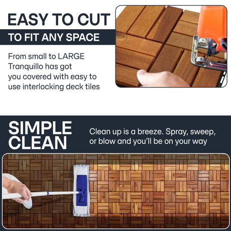 Tranquillo 10 Pcs Interlocking Deck Tiles 12”x12”, Acacia Wood Patio Tiles, Weather-Resistant Outdoor Flooring for Patio, Balcony, Poolside – Non-Slip, Natural Finish, Covers 10 Sq.Ft. Tranquillo