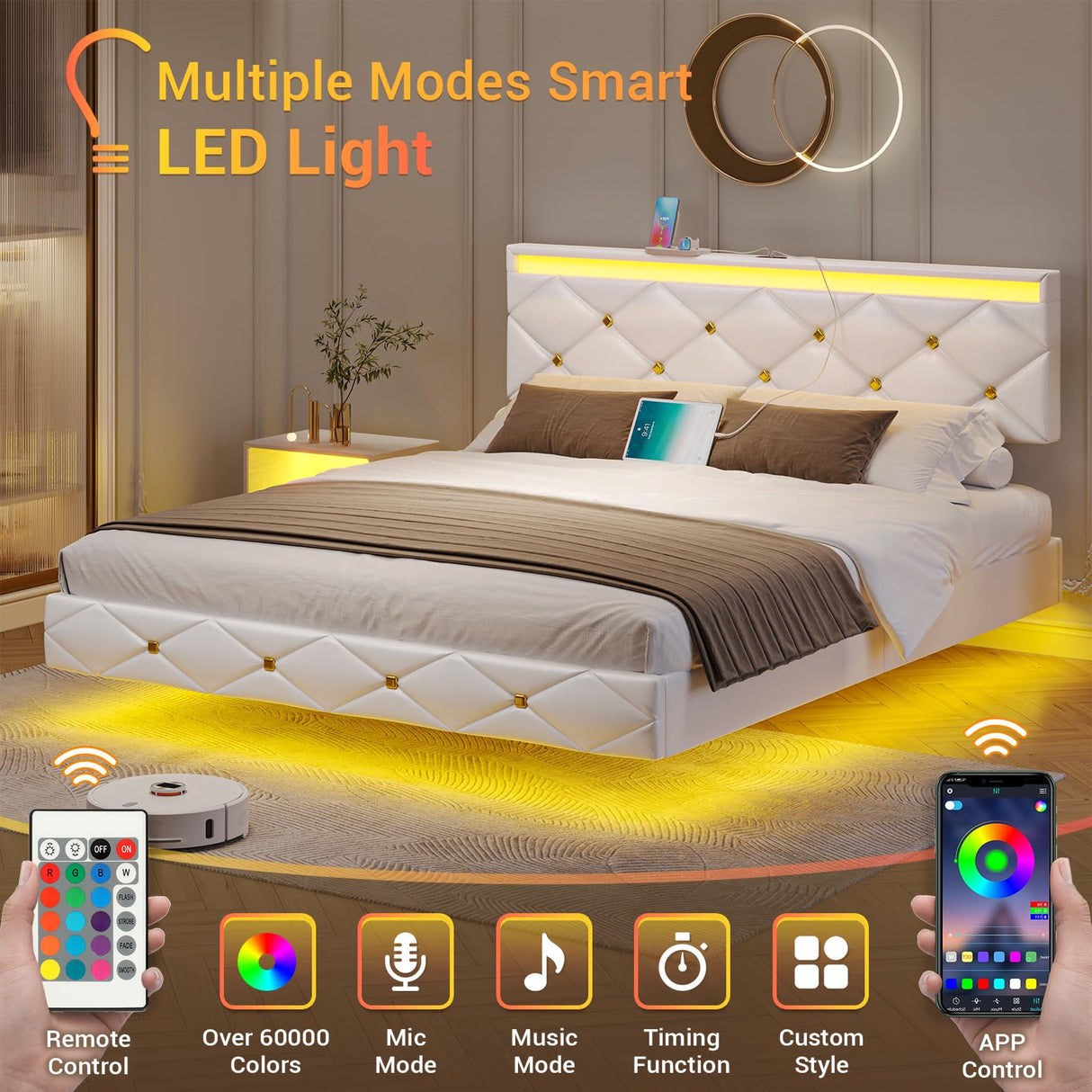 Hasuit Modern Floating Queen Bed Frame with LED Lights and Charging Station Hasuit