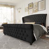 AMERLIFE King Size Platform Bed Frame, Velvet Upholstered Sleigh Bed with Scroll Wingback Headboard & Footboard/Button Tufted/No Box Spring Required/Easy Assembly/Black AMERLIFE