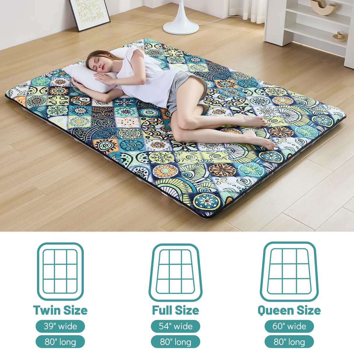 Zelladorra Japanese Floor Mattress Futon Mattress Twin, Anti Slip Floor Futon Mattress Sleeping Mat Foldable Floor Mattress for Camping and Guest, Boho Green Checkered Zelladorra