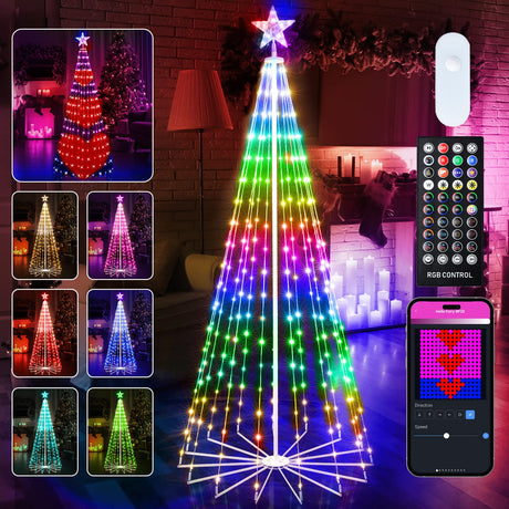 Smart Christmas Cone Tree LED Light, 6ft 265 LED Music Sync with Remote APP and Local Control, Pattern and Text Displayable, 16 Million Colors LED Light Show Tree for Indoor Outdoor Decorations Brightown