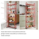 VFY 6-Tier Storage Cart Wire Slim Shelving Shelf with Wheels for Small Spaces, Rolling Tall Organizer Storage for Bathroom, Kitchen, Home, Garage, Bedroom, Closet (Red, 6" D) VFY