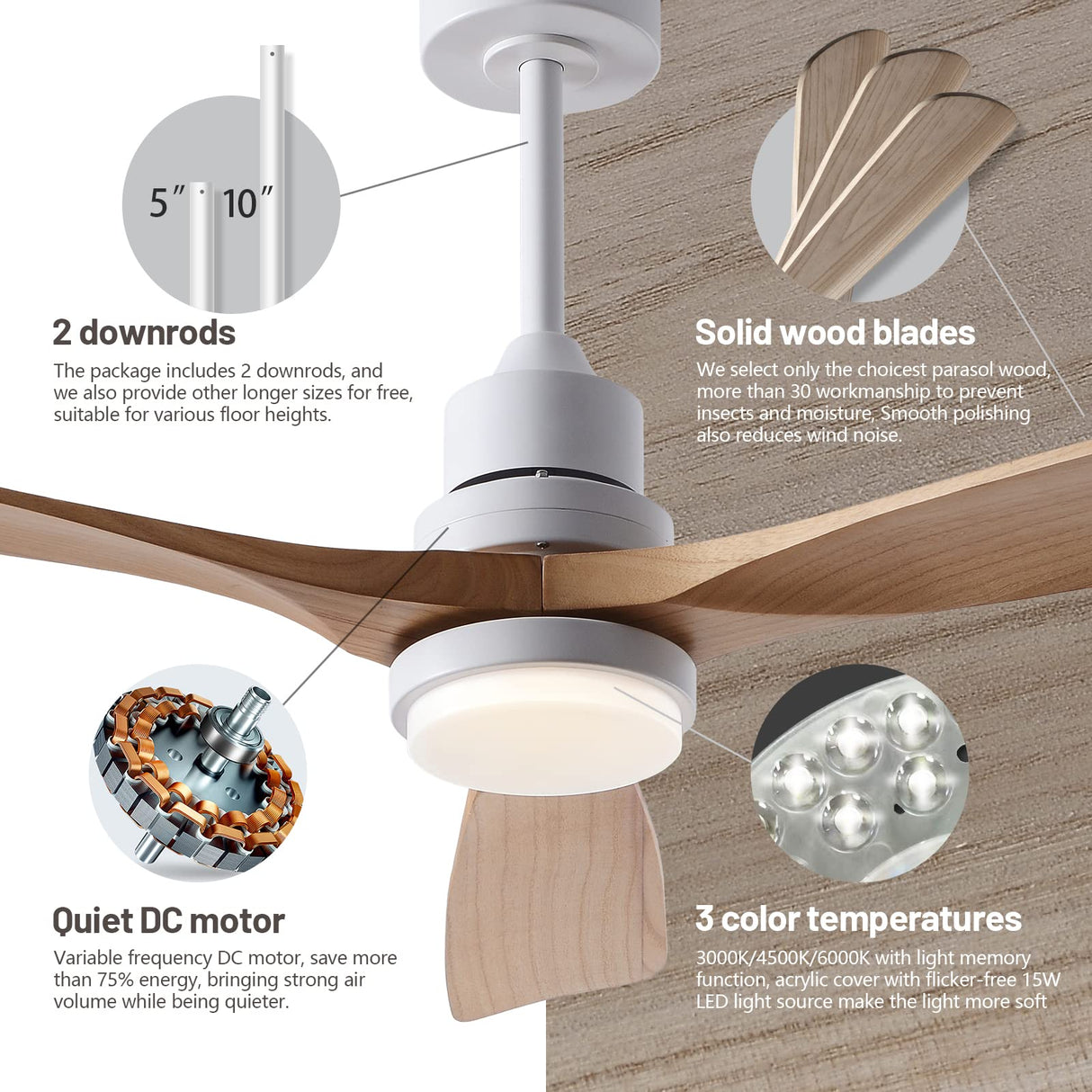 FXZZ 42" Wood Ceiling Fans with Lights and Remote, Quiet Reversible DC Motor and 3 Color LED Light, 3 Blades 6 Speed Ceiling Fan for Farmhouse Living Room Bedroom Dining Room Workroom Study FXZZ