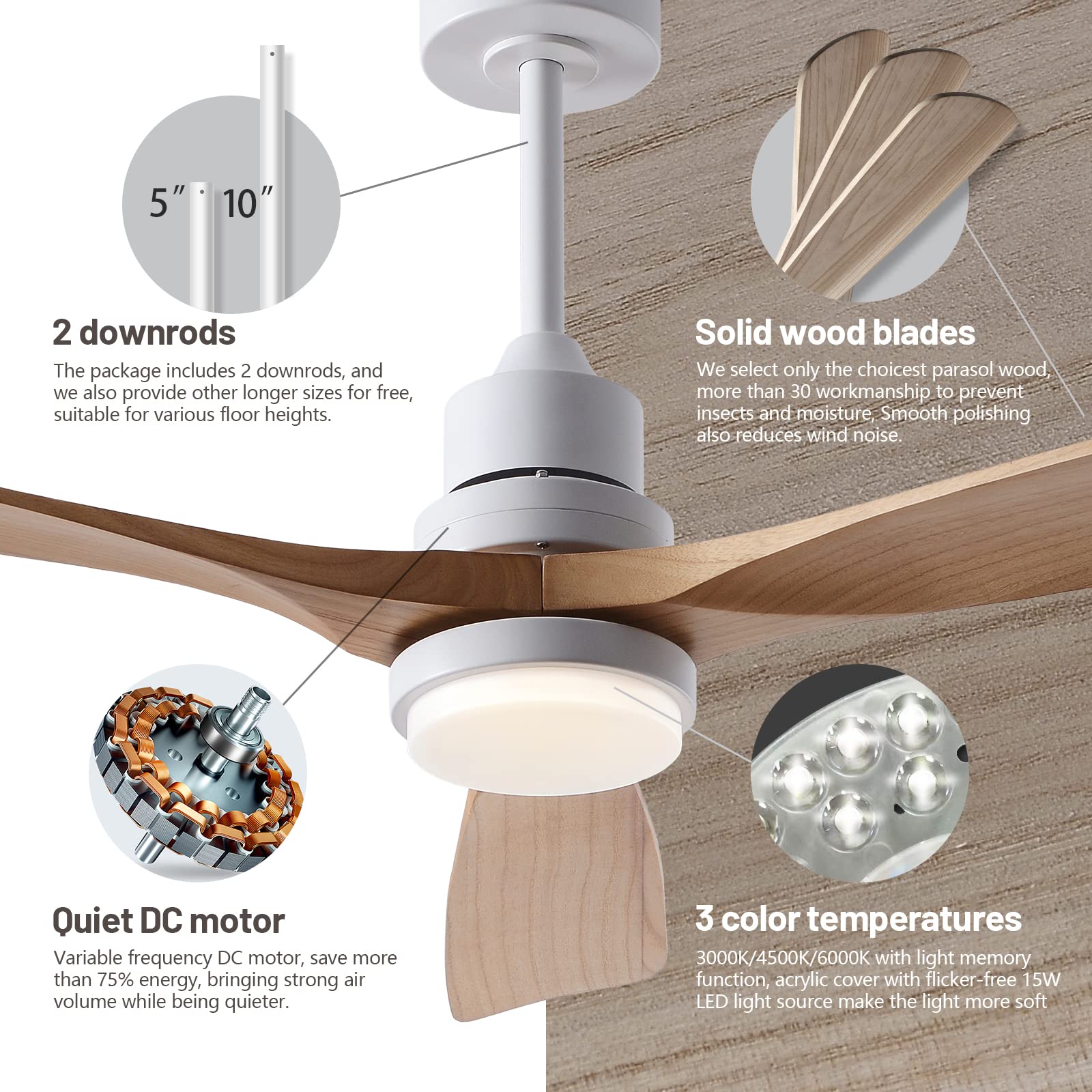 FXZZ 42" Wood Ceiling Fans with Lights and Remote, Quiet Reversible DC Motor and 3 Color LED Light, 3 Blades 6 Speed Ceiling Fan for Farmhouse Living Room Bedroom Dining Room Workroom Study - WoodArtSupply