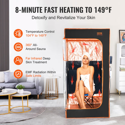 VEVOR Infrared Portable Sauna Tent, 1400W Personal Sauna Kit for Home Spa Heated Body Therapy, Time & Temperature Remote Control with Chair & Floor Mat & Storage Bag, Black, 2.9’x 2.9’x 5.8’