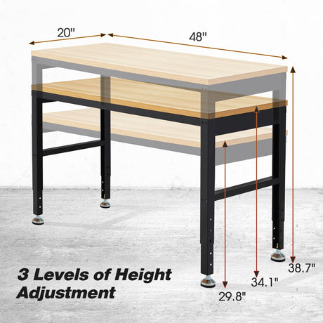 Adjustable Workbench 48" 2000 Lbs Load Capacity Heavy Duty Wood Work Bench, Smooth Surface Work Table for Garage, Workshop, Office, Home, Commercial Antifir
