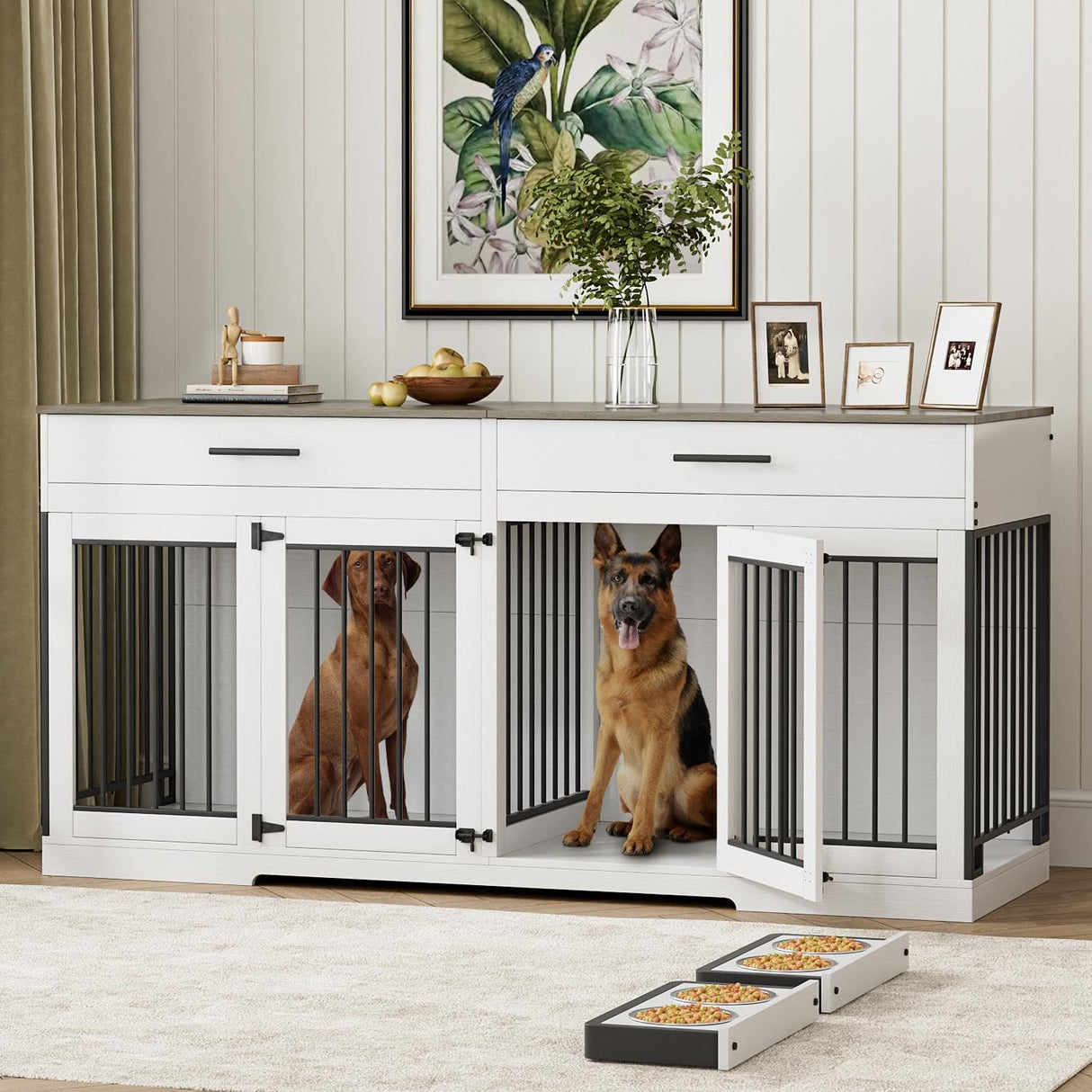 Rophefx 72" Dog Crate Furniture for 2 Dogs, Large Dog Kennel Furniture with 2 Storage Drawers and Removable Divider, Indoor Wooden Dog Cage with 4 Bowls, Dog House TV Stand for Large Dog, White Grey Rophefx