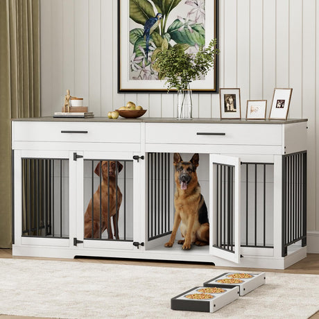 Rophefx 72" Dog Crate Furniture for 2 Dogs, Large Dog Kennel Furniture with 2 Storage Drawers and Removable Divider, Indoor Wooden Dog Cage with 4 Bowls, Dog House TV Stand for Large Dog, White Grey Rophefx