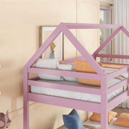 Twin Over Twin House Bunk Bed for Kids,Twin Size Low Bunk Beds with Ladder,Floor Bunk Bed Twin Over Twin,Solid Bunk Bed for Girls Boys,Pink