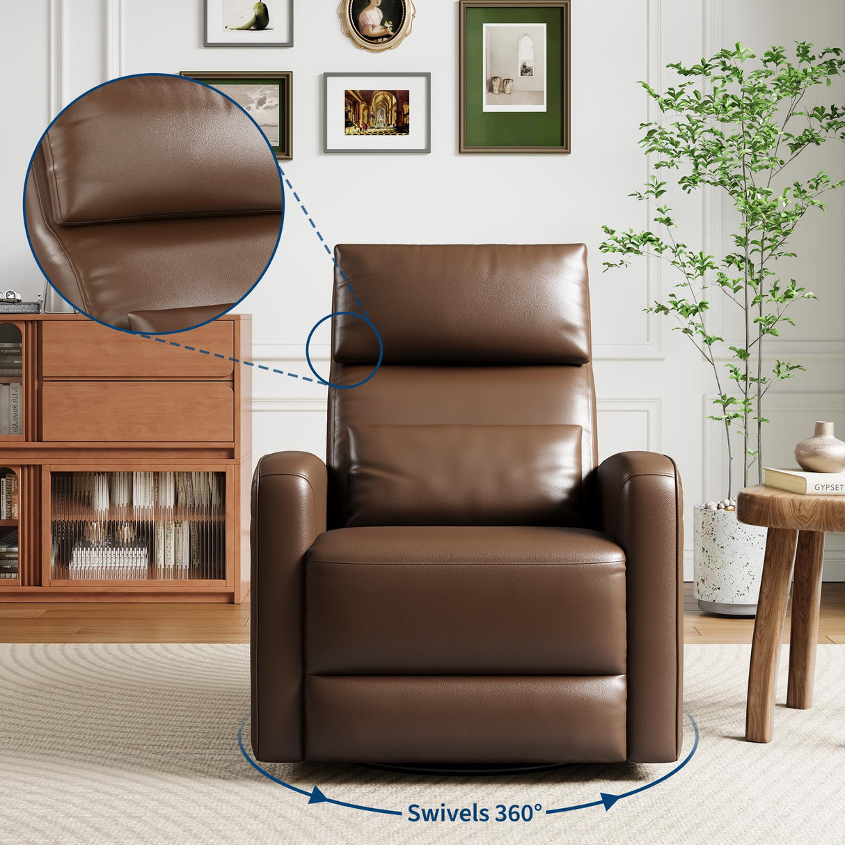 Adult Manual Recliner Chair, 360° Swivel Sofa Rocker, Faux Leather Single Sofa with Adjustable Backrest and Footstool, Modern Wingback Recliner with Hidden Pull Tabs, Living Room Armchair, Brown IDEALHOUSE