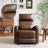Adult Manual Recliner Chair, 360° Swivel Sofa Rocker, Faux Leather Single Sofa with Adjustable Backrest and Footstool, Modern Wingback Recliner with Hidden Pull Tabs, Living Room Armchair, Brown IDEALHOUSE
