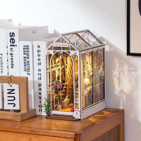 ROBOTIME Book Nook Kit - DIY Miniature House Kit, 3D Wooden Puzzle Booknook, Bookend Bookshelf Insert Decor with LED Light, DollhouseTiny House Hobby Diorama Kit Unique Gifts (Garden House) ROBOTIME