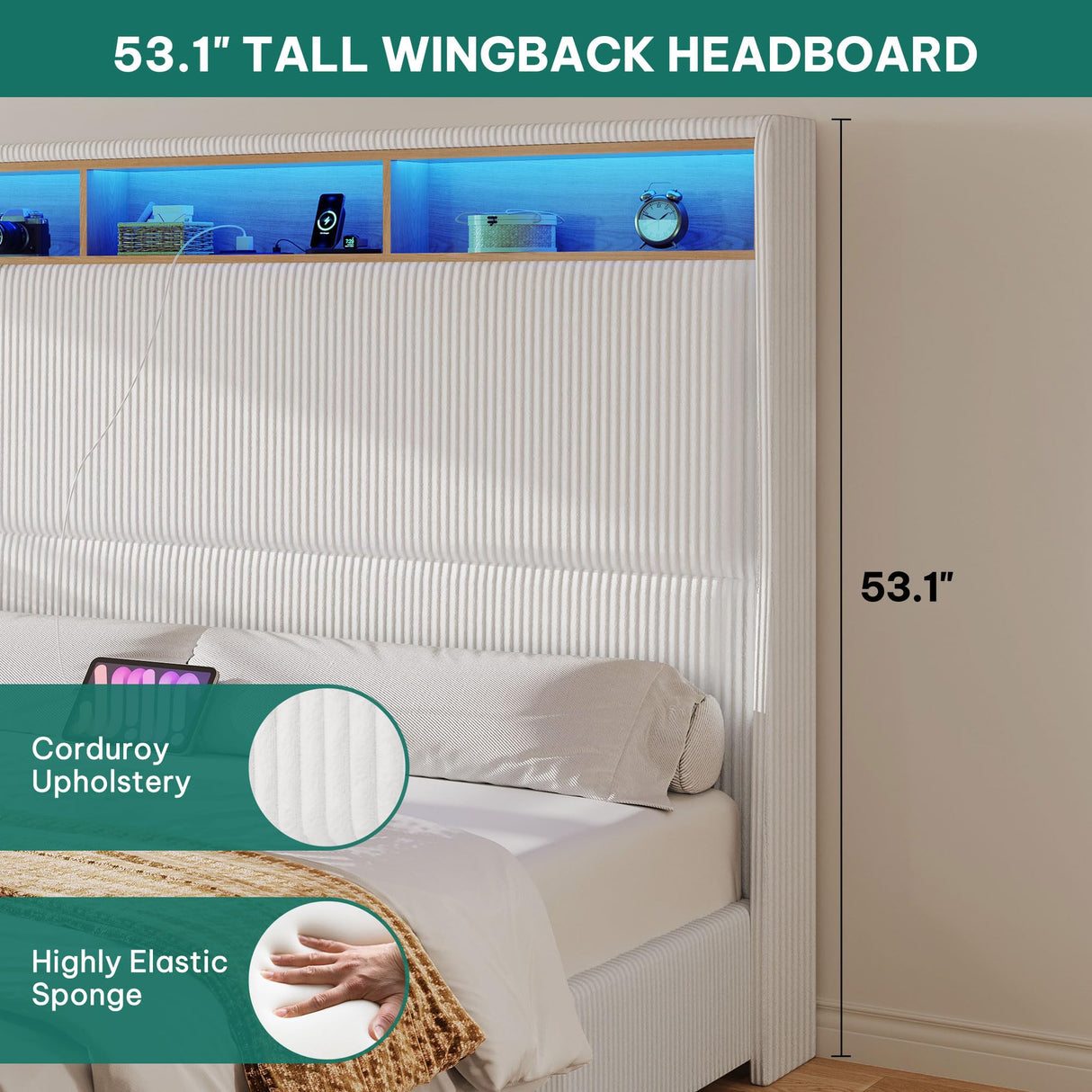 DWVO Queen Size Corduroy Upholstered Platform Bed Frame with Charging Station and RGB LED Lights, 53’’ Tall Storage Wingback Headboard, No Box Spring Needed, Easy Assembly, Noise-Free, White DWVO