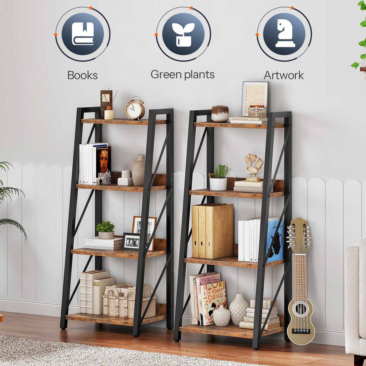 HOOBRO Ladder Shelf, 4-Tier Bookshelf, Corner Bookcase, Freestanding Storage Shelf Display Organizer, for Living Room, Bedroom, Home Office, Kitchen, Rustic Brown and Black BF304CJ01 HOOBRO