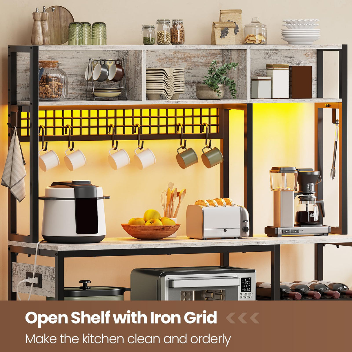 Itaar 47.2 Inch Bakers Rack with Power Outlet, Microwave Stand with Storage, Farmhouse Coffee Bar Cabinet Station with Wine Rack, Iron Mesh and 8-S Hooks, Vintage White Itaar