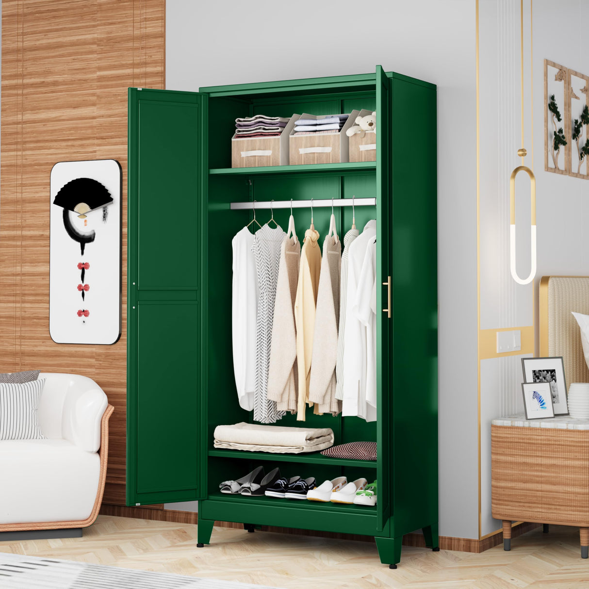 GAIOUS Metal Wardrobe Cabinet with Hanging Rod, 71" Metal Clothing Storage Cabinets with 2 Doors and Adjustable Shelves, Green Armoire Wardrobe Closet for Bedroom, Laundry Room, Cloak Room GAIOUS