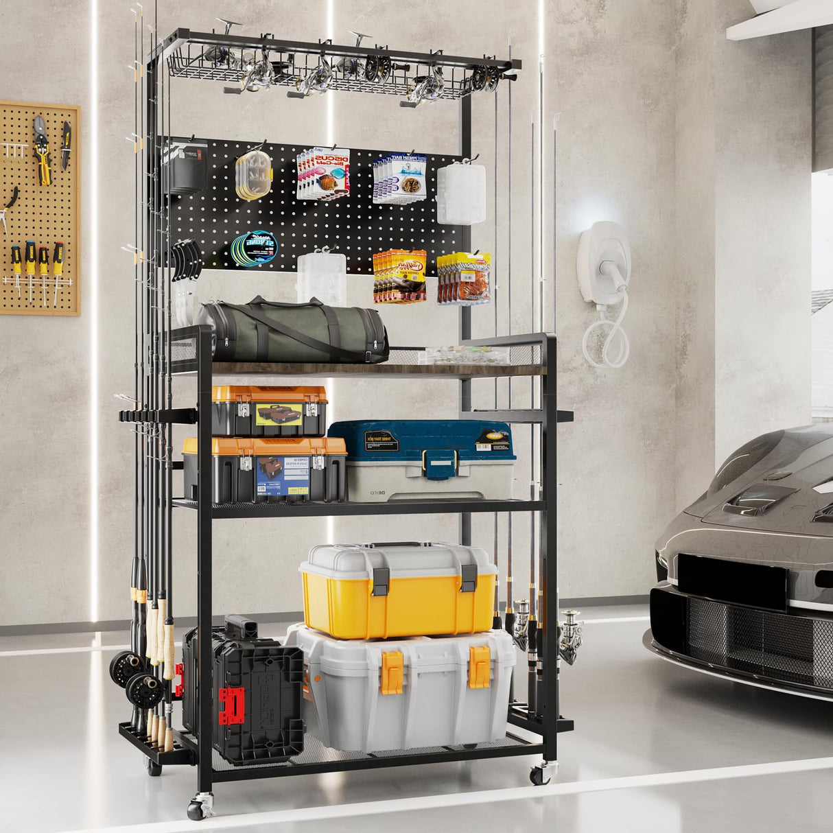 SOYEEZE Large Size Fishing Rod Holders for Garage, Heavy Duty 4-Tier Fishing Pole Rack Holds up to 12 Rods with Pegboard and Hooks, Fishing Gear Organizer, Fishing Storage Cart with Lockable Wheels SOYEEZE