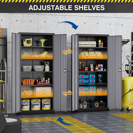 Fesbos Metal Storage Cabinet-72” Tall Steel File Cabinets with Lockable Doors and Adjustable Shelves-Black&Gray Steel Storage Cabinet for Kitchen, Office, Garage Fesbos