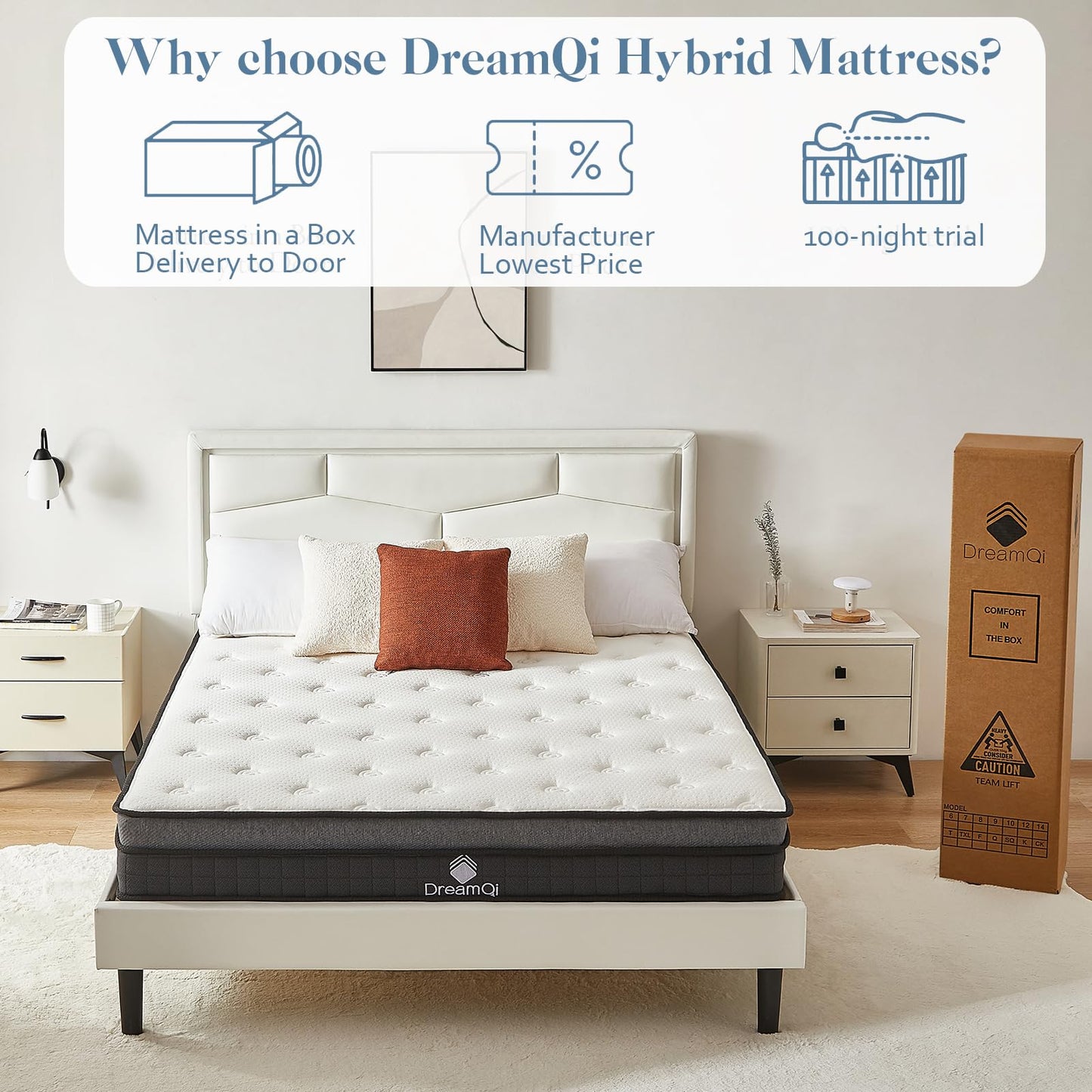 DreamQi Queen Mattress in a Box,8 Inch Hybrid Queen Size Mattresses,Gel Memory Foam and Pocket Spring Queen Bed Mattress,Medium Firm,Breathable Comfort Soft Mattress Pressure Relief