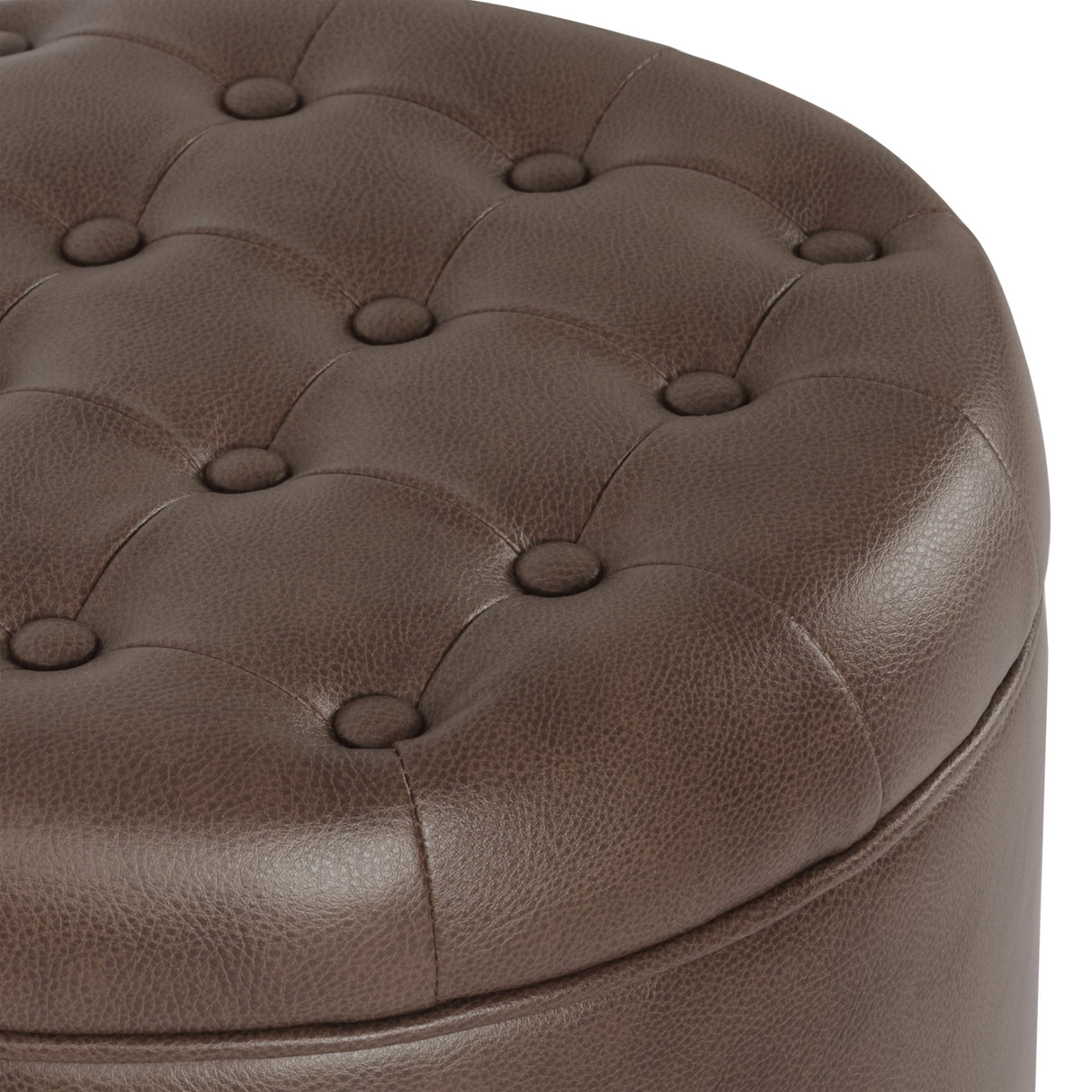 HomePop Home Decor | Upholstered Round Faux Leather Tufted Foot Rest Ottoman | Ottoman with Storage for Living Room & Bedroom | Decorative Home Furniture, Brown Faux Leather HomePop