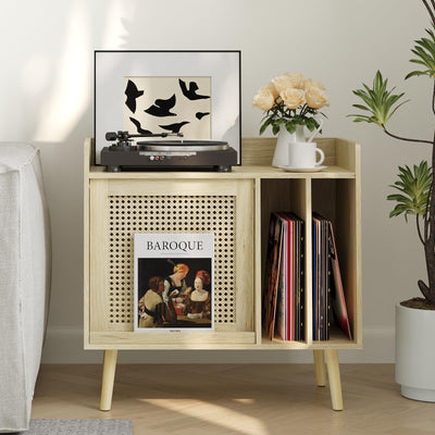 Semiocthome Record Player Stand with Vinyl Storage, Record Player Table with Rattan Cabinet Door, Vinyl Record Holder with Display Area, Side Table with Solid Wood Legs for Turntables for Living Room