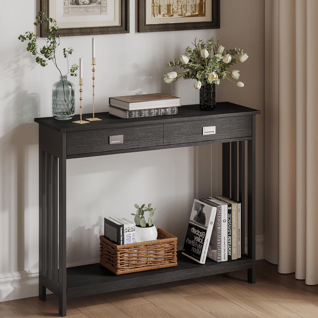 ChooChoo Black Entryway Table with Drawer, Narrow Console Table, Sofa Table with Storage Shelf for Entryway, Living Room and Hallway ChooChoo