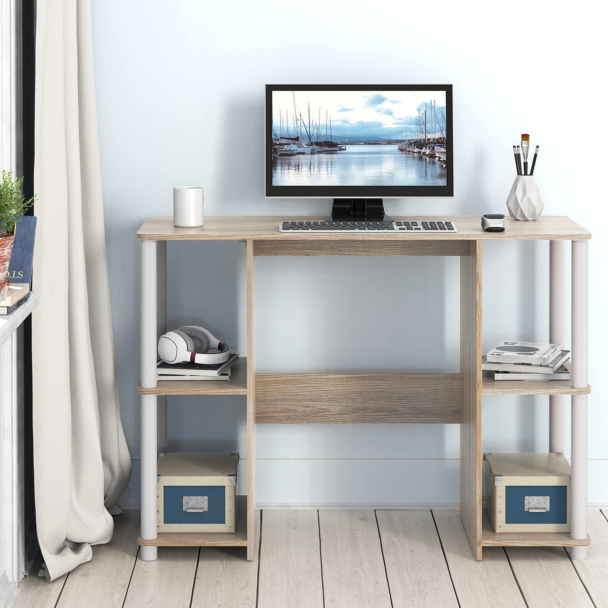 SHW Home Office Wood Desk with Double Sided Shelves, Oak SHW