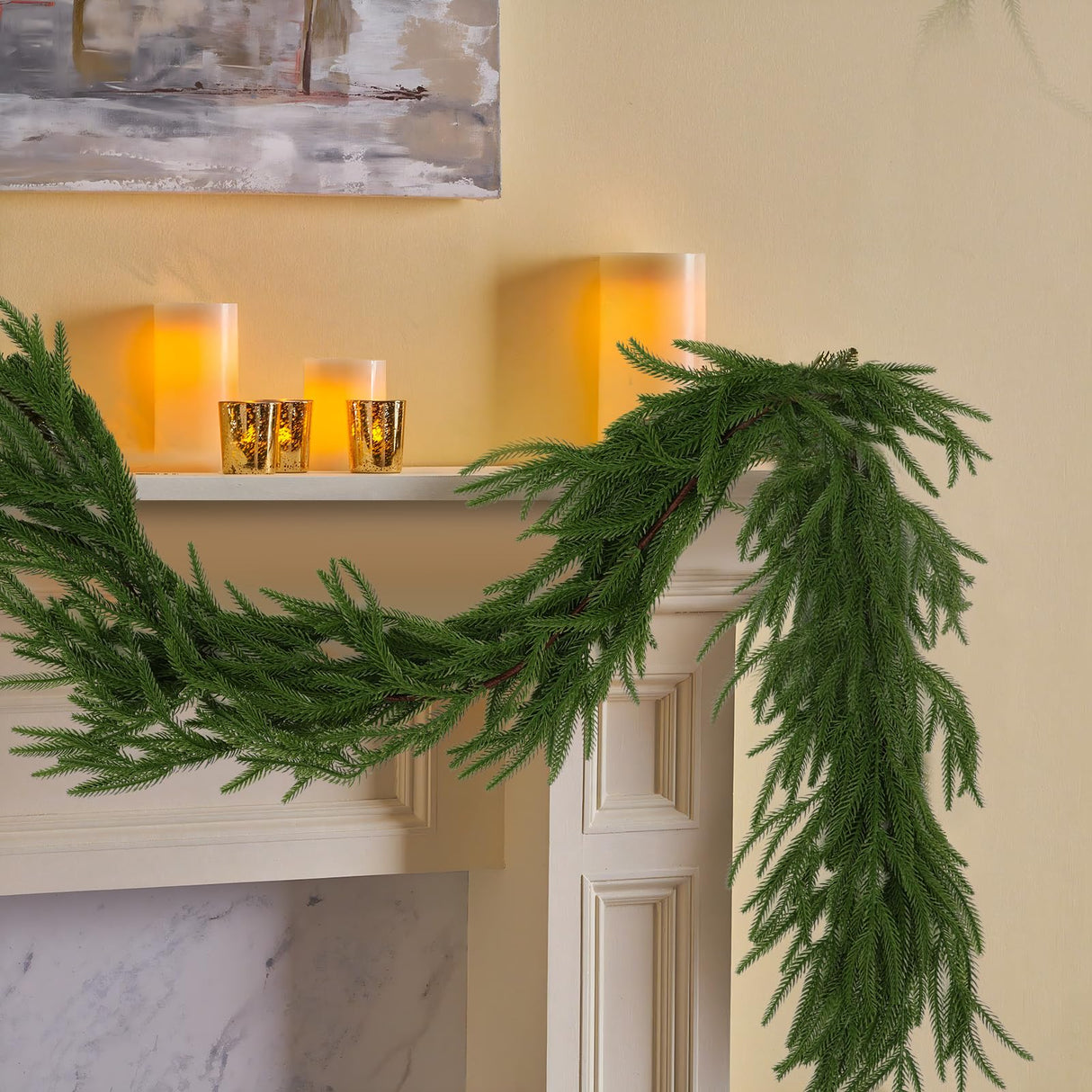 Hananona 2 Pcs Artificial Norfolk Pine Garlands, Real Touch Winter Pine Garland, Green Artificial Greenery Garland for Table, Mantle, Wall, Indoor, Outdoor Christmas Decorations (2, 6 FT) Hananona