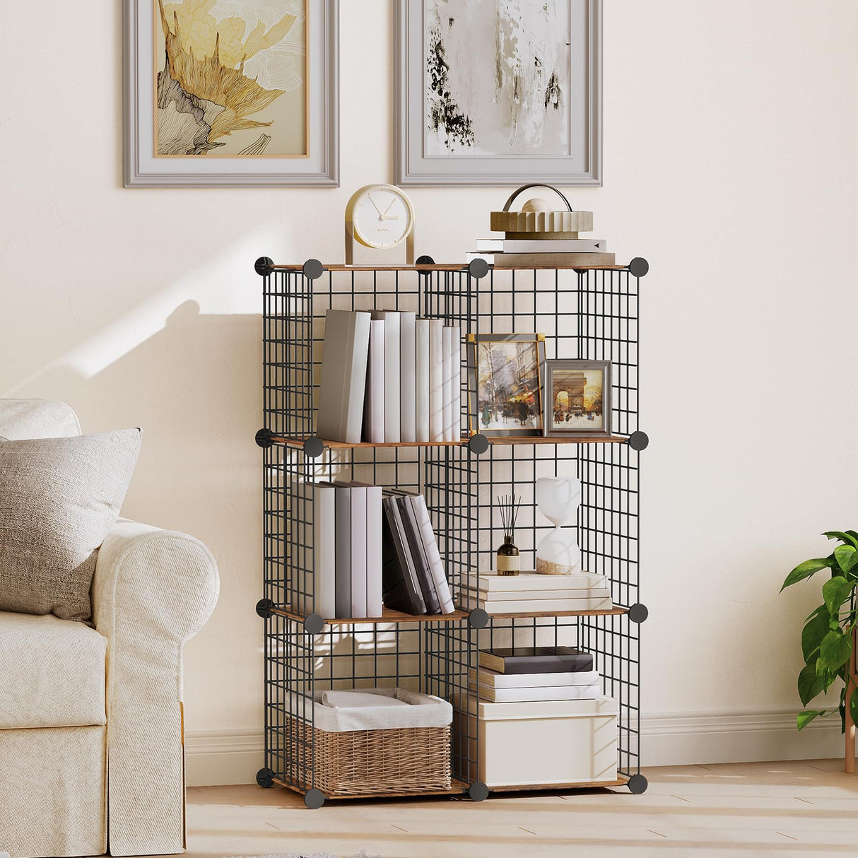 HOOBRO Cube Storage Organizer, Wire Cube Storage, 6-Cube Metal Grid Storage Shelf, Modular Cabinet, DIY Cube Bookshelf, for Living Room, Bedroom, Study, Rustic Brown and Black BF06CW01 HOOBRO