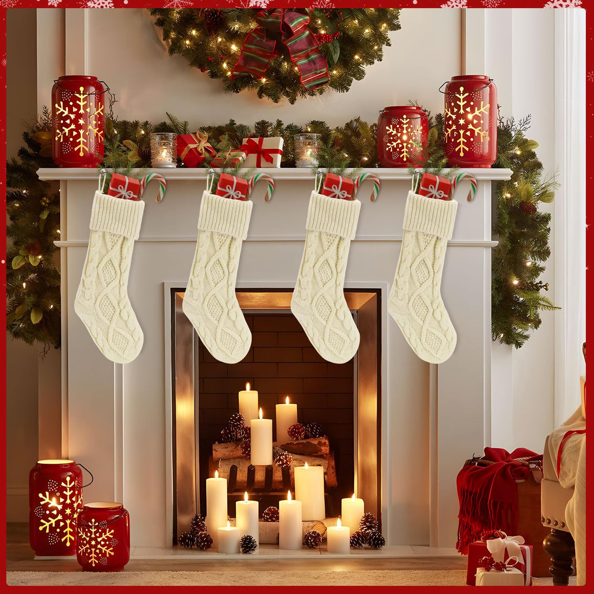 chamvis Christmas Stockings Cable Knitted Xmas Stockings, 4 Pack 18 Inches Fireplace Hanging White Christmas Stockings for Family Xmas Holiday, Christmas Tree, Fireplace Decorations chamvis