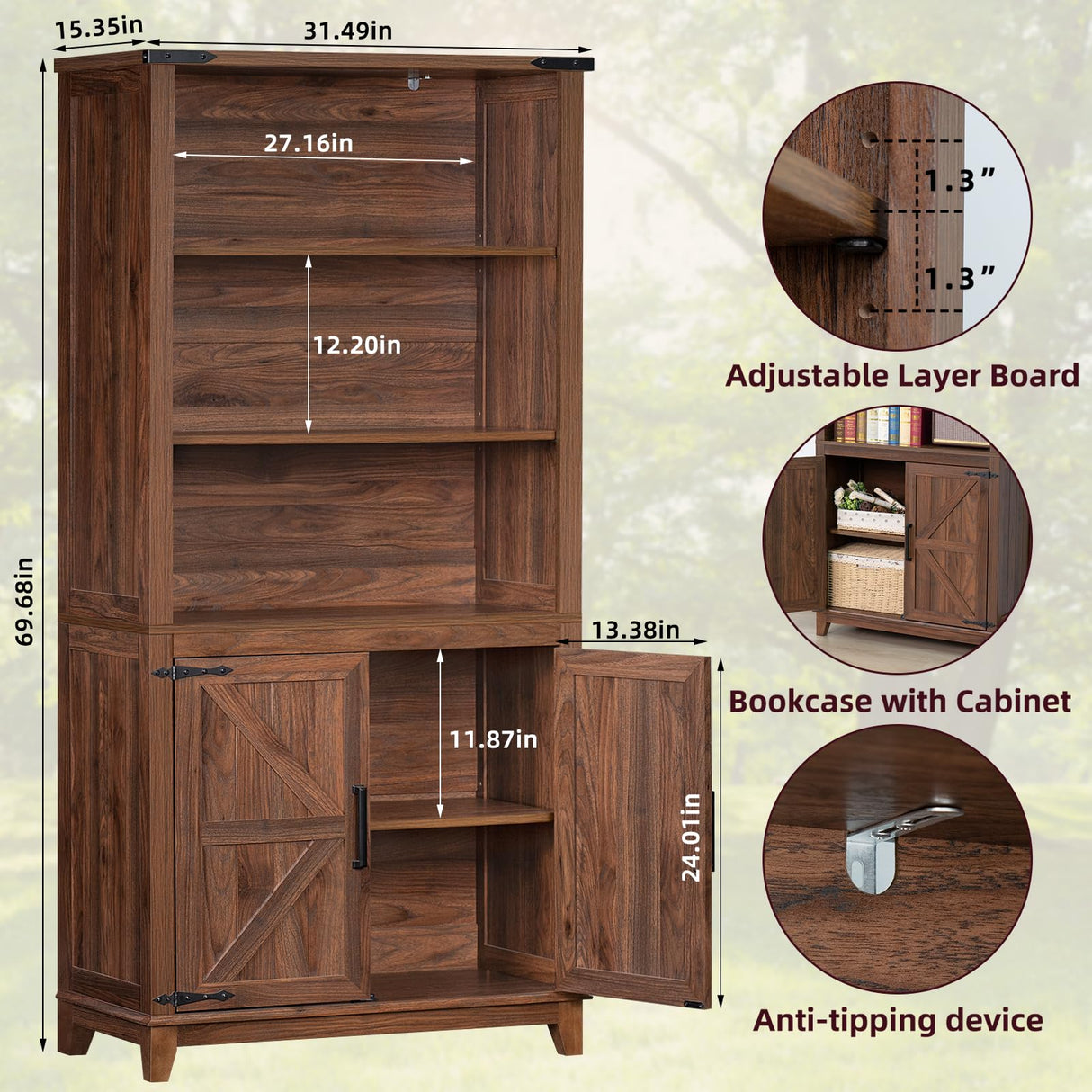 Joaxswe 70in Tall Bookshelf 5 Tier Bookcase with Barn Doors and Adjustable Shelves, Brown Farmhouse Book Shelf with Storage Cabinet, Wood Freestanding Display Bookshelves for Bedroom, Living Room Joaxswe