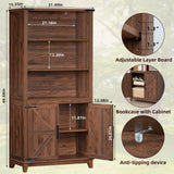 Joaxswe 70in Tall Bookshelf 5 Tier Bookcase with Barn Doors and Adjustable Shelves, Brown Farmhouse Book Shelf with Storage Cabinet, Wood Freestanding Display Bookshelves for Bedroom, Living Room Joaxswe