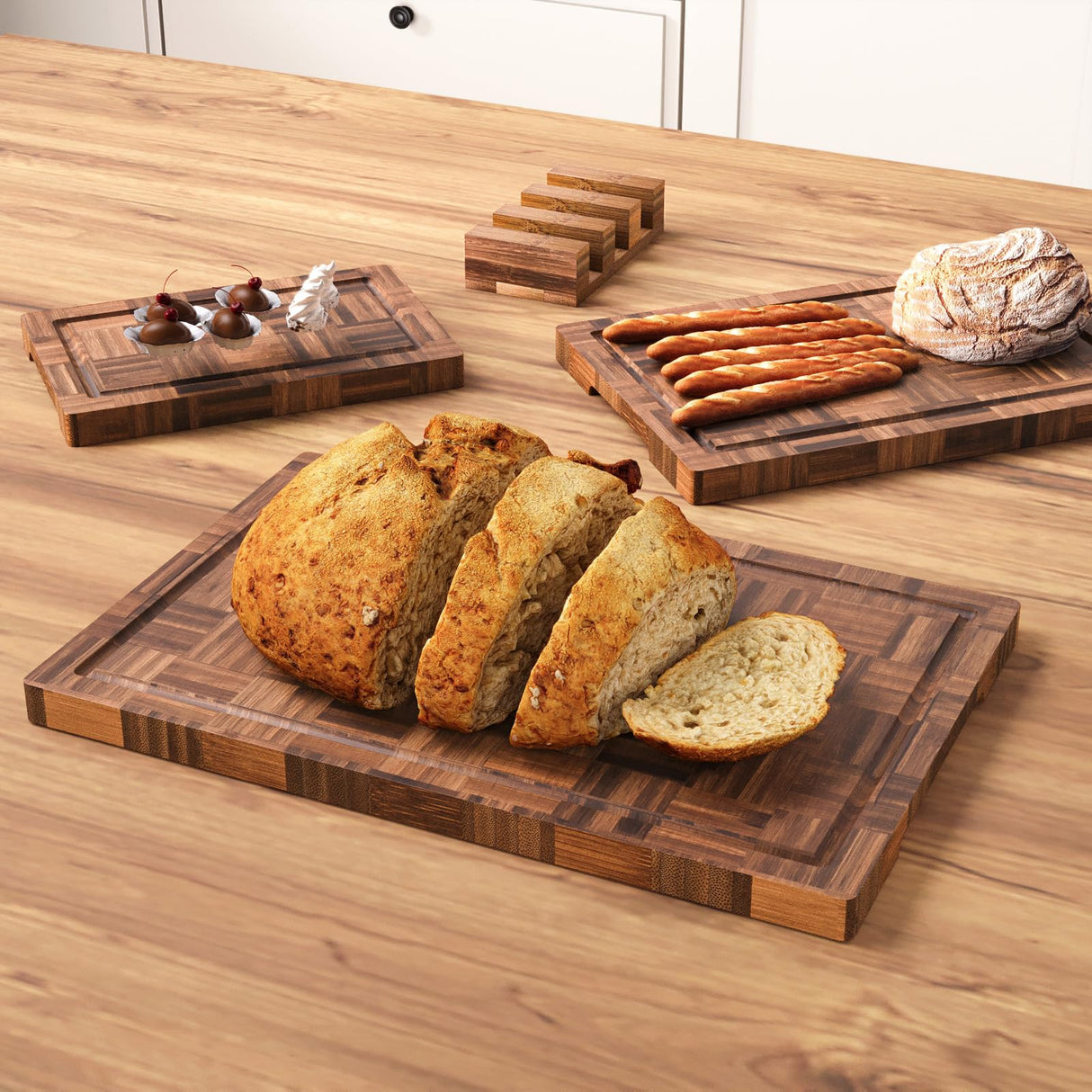 Fibogollo Bamboo Cutting Boards for Kitchen,Kitchen Cutting Board,Wooden Chopping Boards with Juice Groove, Serving Board Set, Splicing Craft Chopping Board for Meat,Vegetables,Fruit,Fish(3 Pcs) Fibogollo