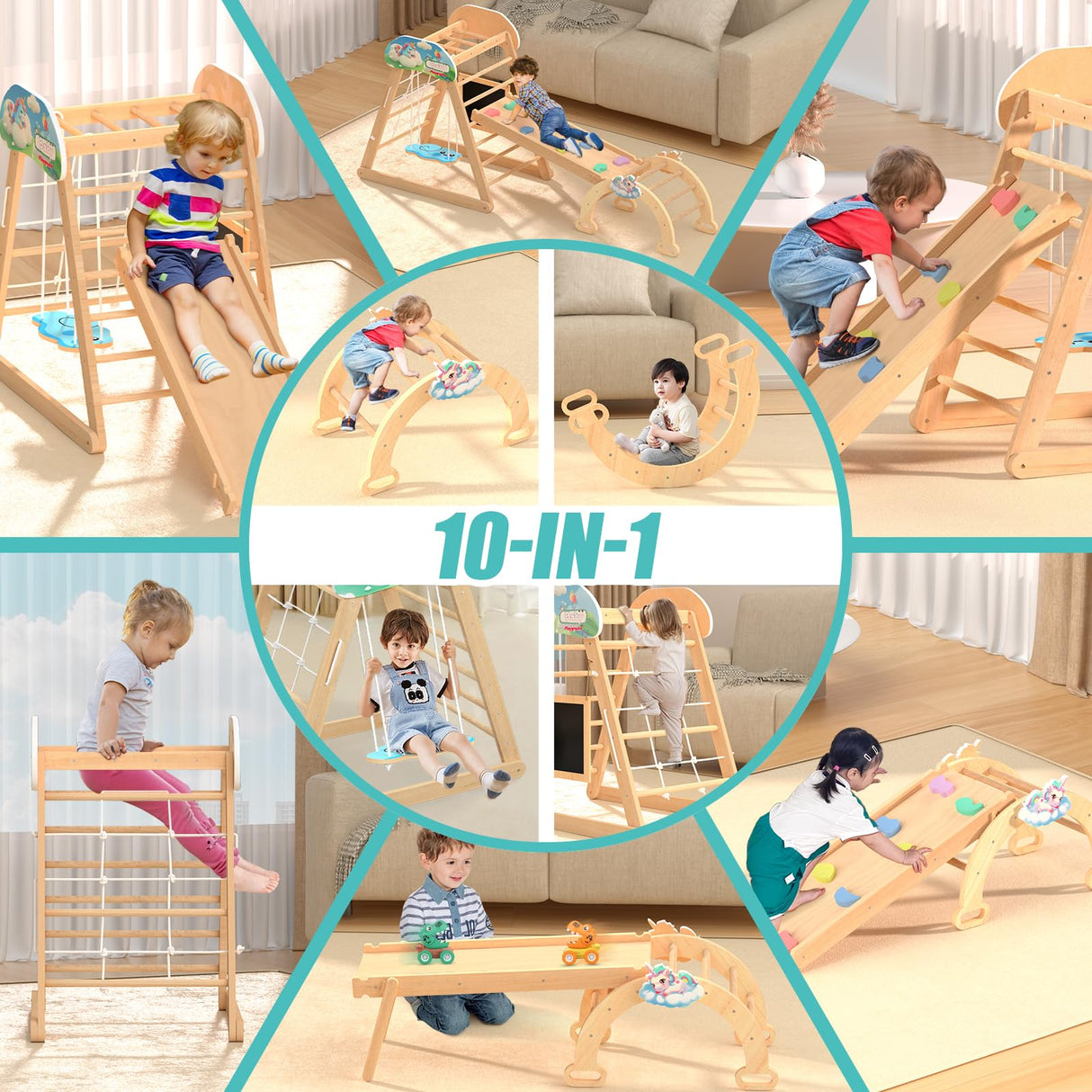 10 in 1 Pikler Triangle Set, Wooden Toddler Climbing Toys, Montessori Jungle Gym Indoor Playground with Swing Slides, Climbing Wall Net, Arch for Kids Boys and Girls Andrti