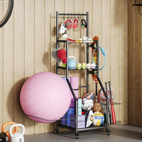 LALA IKAI Sports Equipment Organizer for Garage Compact Mobile Gym Storage Rack with Locking Wheels & Multi-Purpose Hooks for Sports Gear, Fitness Accessories, Nerf Gun, Balls & Foam Rollers LALA IKAI