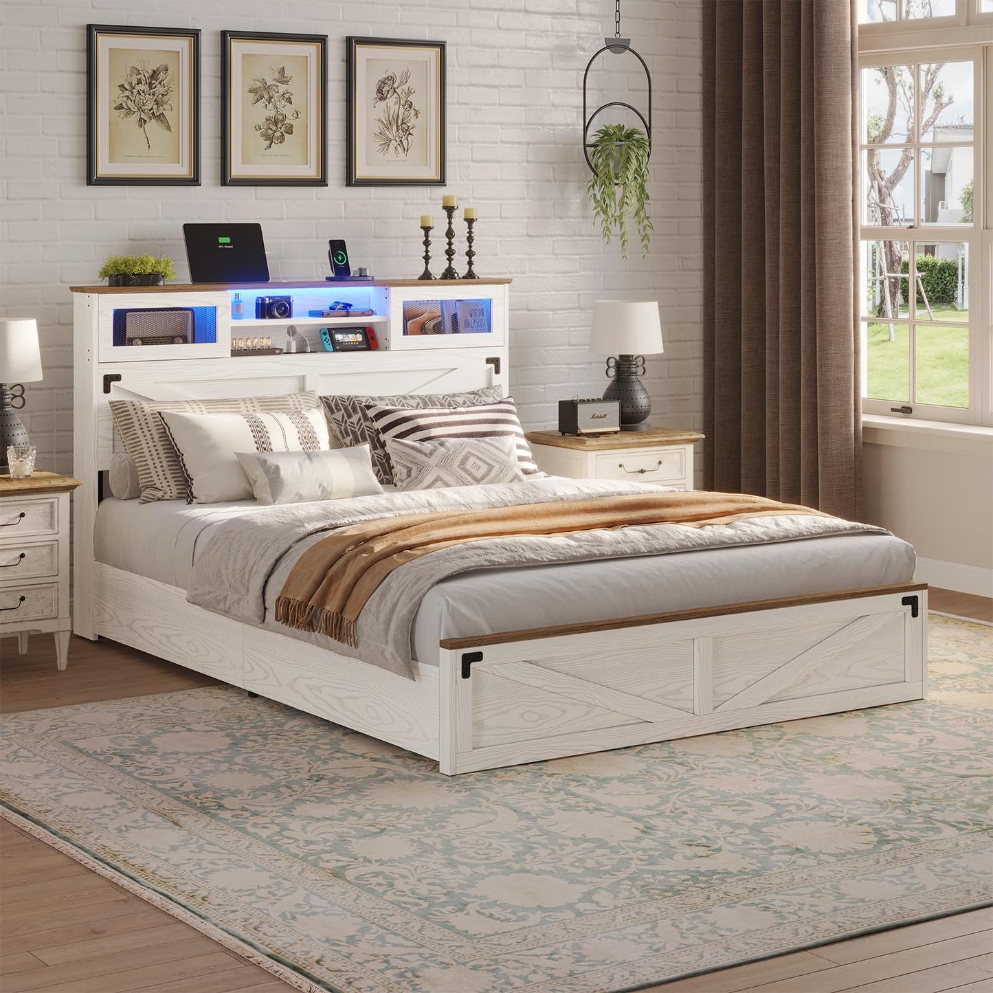 Hasuit Queen Size Farmhouse Bed Frame with Bookcase Headboard, LED Lights, Charging Station, and 2 Drawers in White - WoodArtSupply