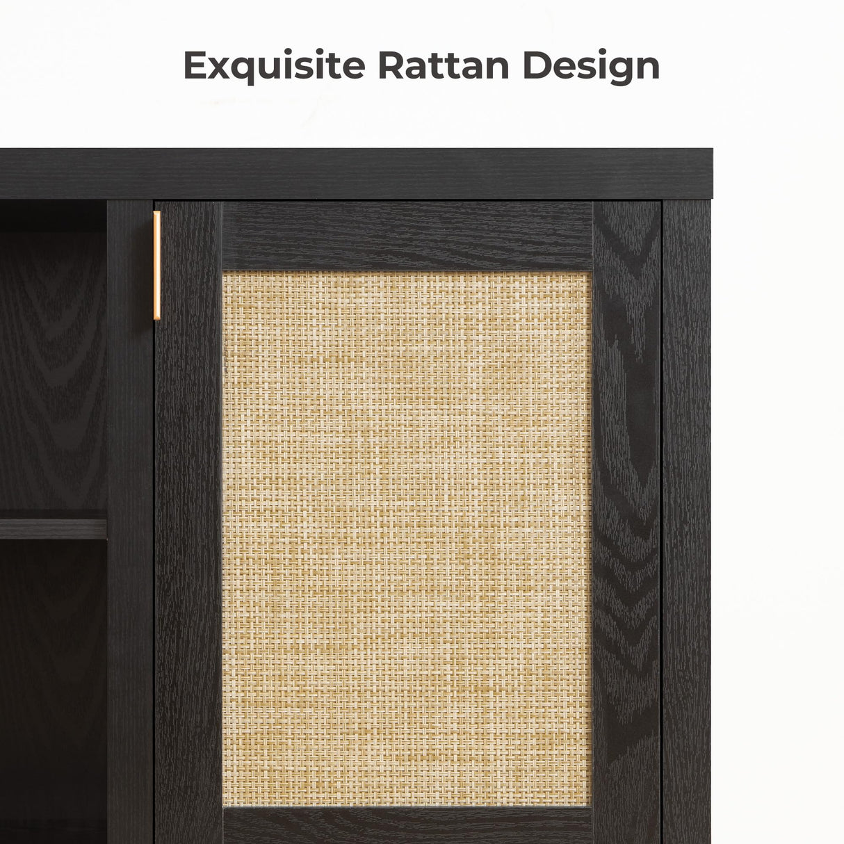 SICOTAS Rattan TV Stand for Living Room - 26" Tall Farmhouse Entertainment Center with Storage and Wicker Door, Media TV Console Cabinet for TVs Up tp 65 Inch, Black Oak SICOTAS